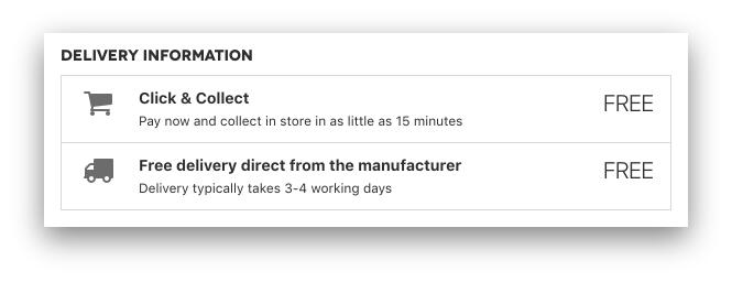 Delivery information showing free delivery direct from the manufacturer